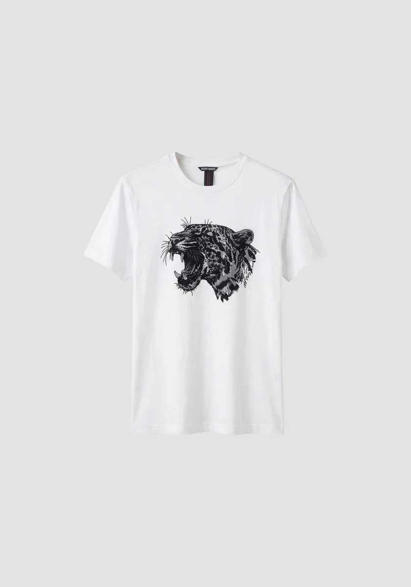 Camiseta color crema regular fit con estampado flocado tiger 