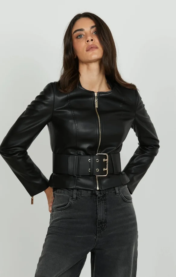CHAQUETA PIEL RELISH SIN SOLAPA CINTURON NEGRO