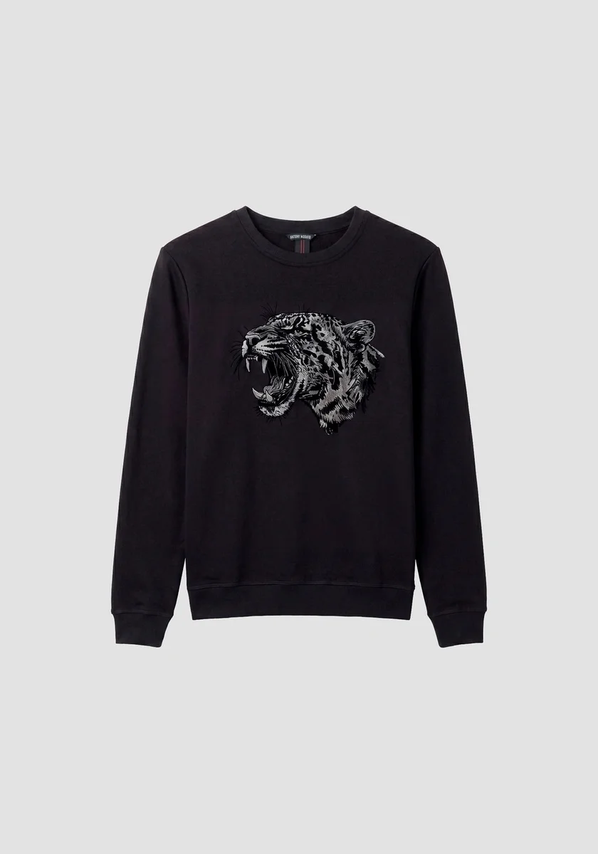Sudadera Morato negra regular fit en mezcla de algodón con estampado tigre de agua y flock