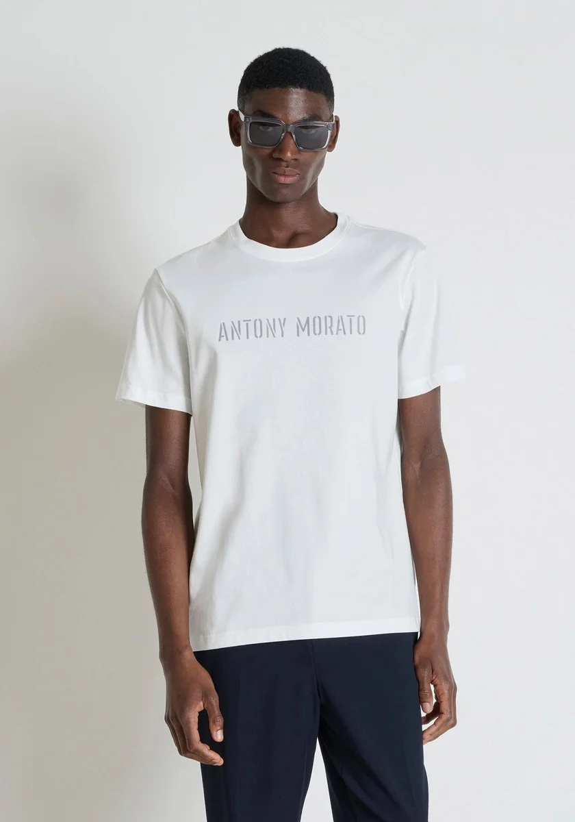 Camiseta Morato color crema regular fit en punto jersey de algodón con logo plata mate estampada