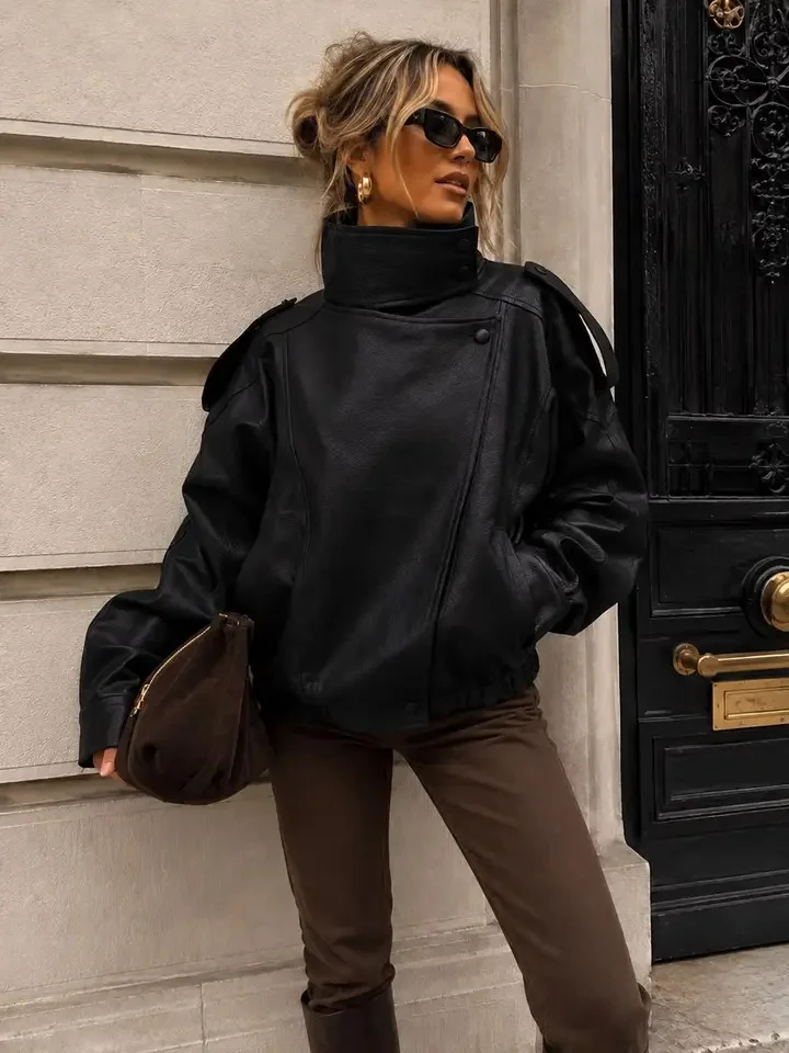 Chaqueta mujer Enma Paris piel sintetica cuello alto black