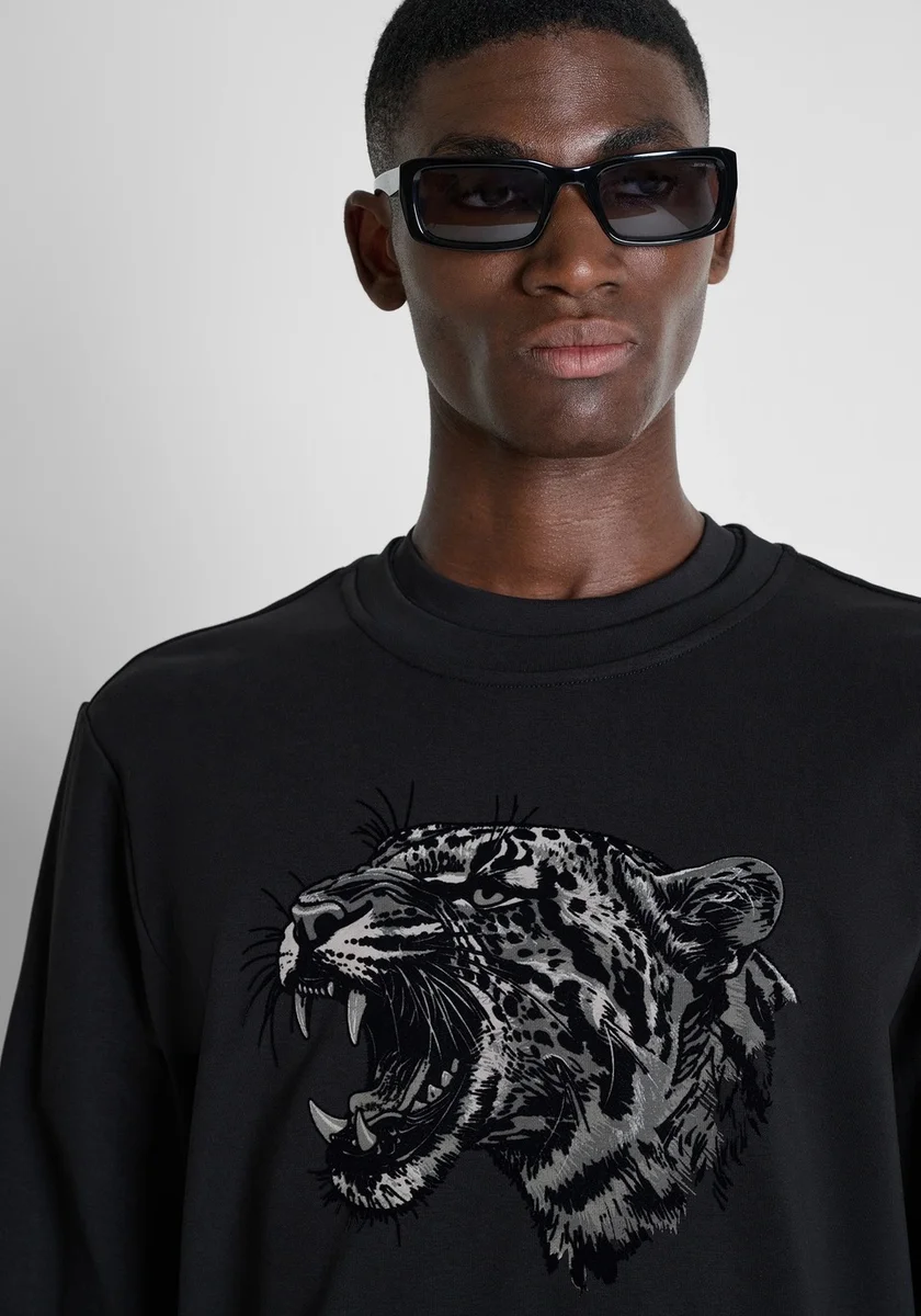 Sudadera Morato negra regular fit en mezcla de algodón con estampado tigre de agua y flock