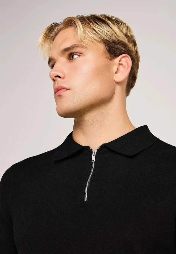 Jersey polo Funky Buddha para hombre de mezcla de lana con media cremallera negro