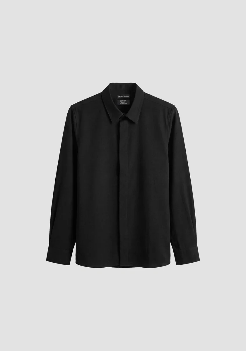 Camisa Morato "Detroit" negra regular fit en sarga elástica de viscosa y lana