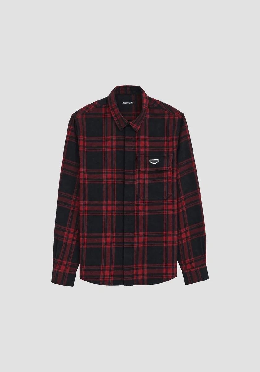 Camisa Morato "Montreal" negra relaxed fit en sarga de algodón de cuadros con logo en placa metálica