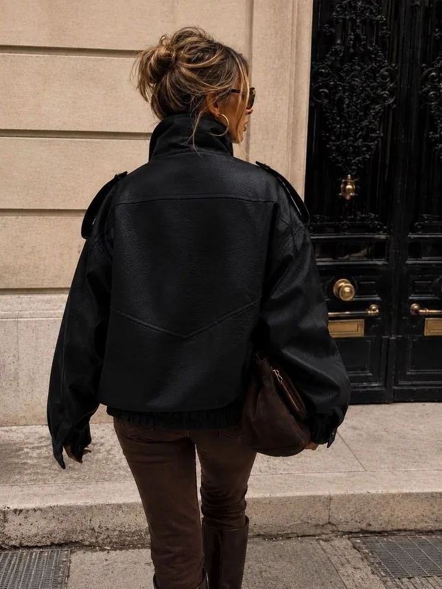 Chaqueta mujer Enma Paris piel sintetica cuello alto black