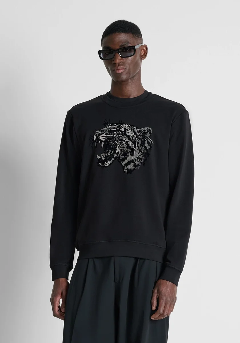 Sudadera Morato negra regular fit en mezcla de algodón con estampado tigre de agua y flock