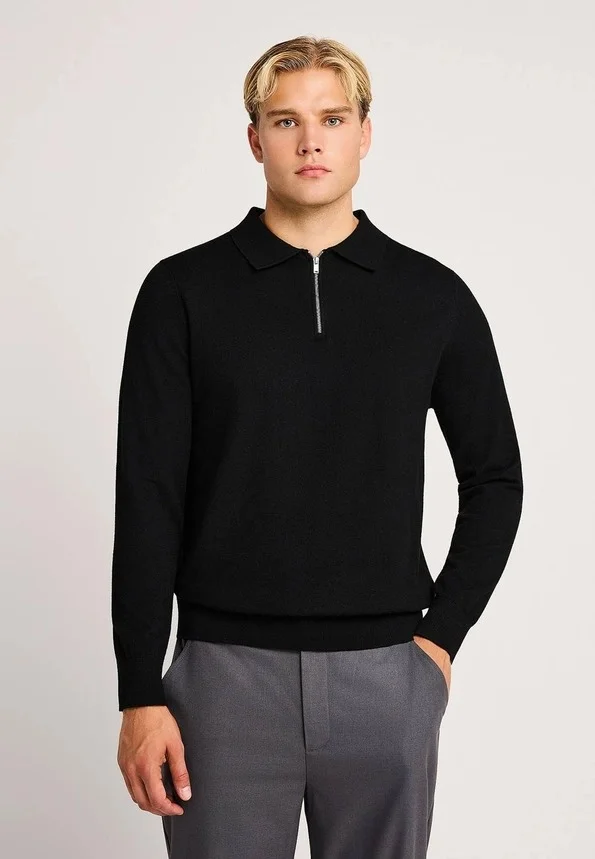 Jersey polo Funky Buddha para hombre de mezcla de lana con media cremallera negro