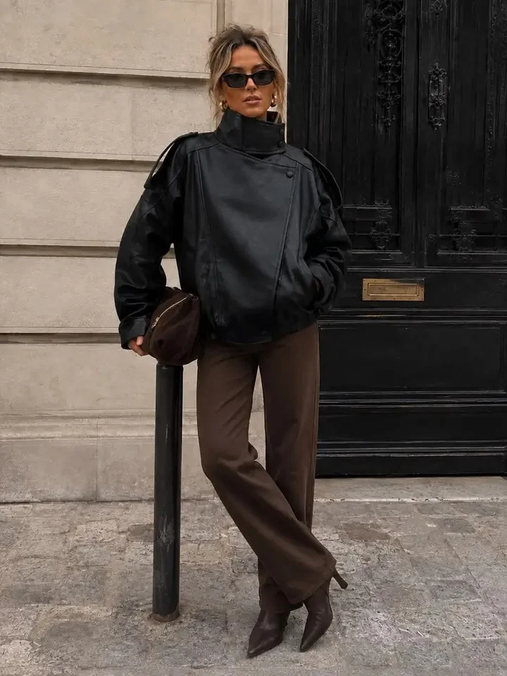 Chaqueta mujer Enma Paris piel sintetica cuello alto black
